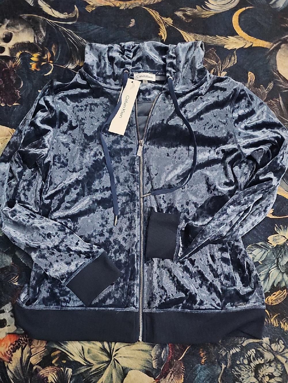 Calvin Klein Crushed Velvet Zip Hoodie - Navy Blue